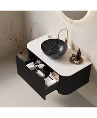 Sillysis Wall Mounted Bathroom Vanity, Artificial Marble Top with Bowl Sink, Striped Plywood Cabinet
