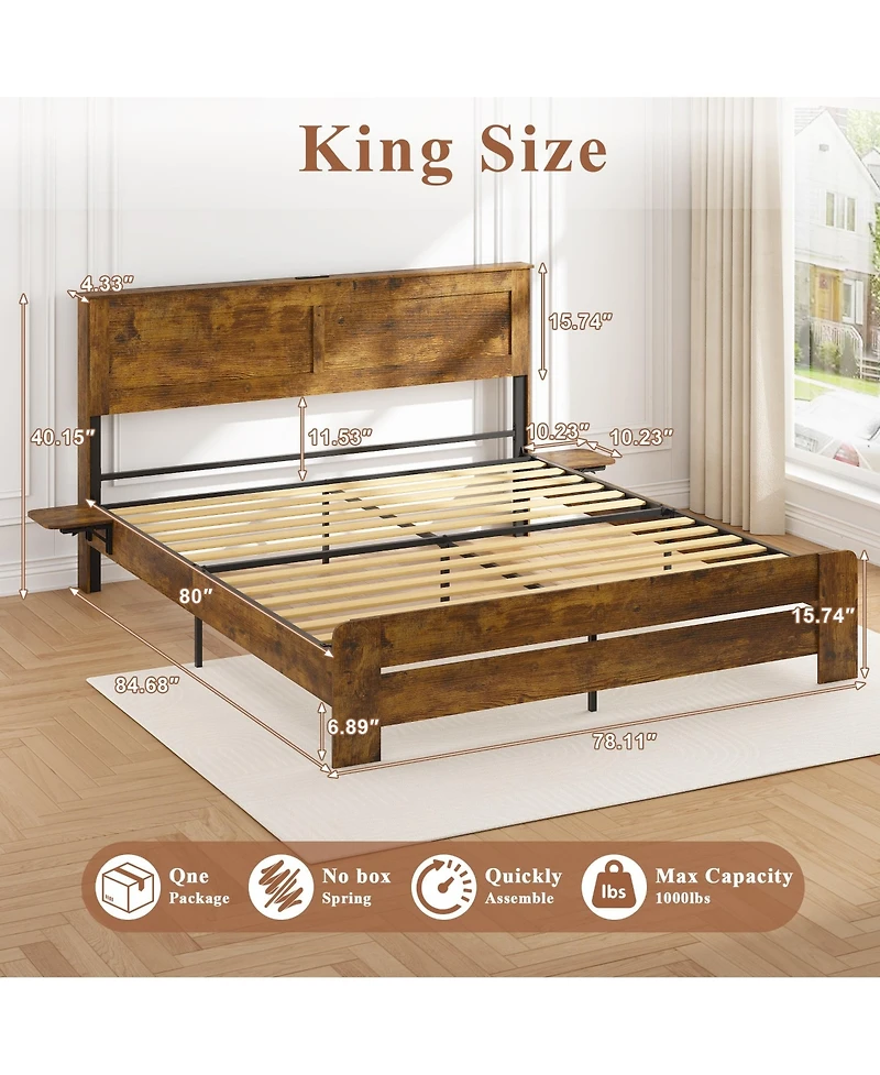Lucky One Farmhouse King Size Bed Frame with Headboard Storage Shelf