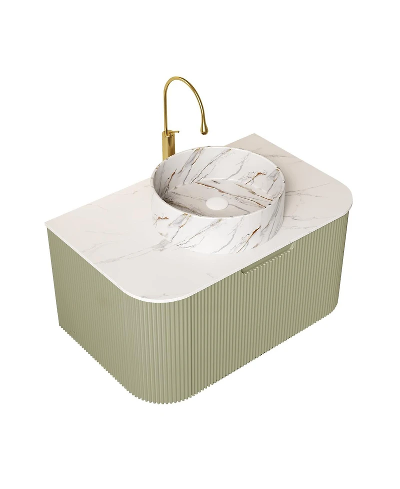 Sillysis Wall Mounted Bathroom Vanity, Artificial Marble Top with Round Ceramic Basin, 3D Striped Plywood Cabinet