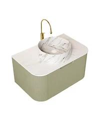 Sillysis Wall Mounted Bathroom Vanity, Artificial Marble Top with Round Ceramic Basin, 3D Striped Plywood Cabinet