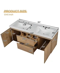 Sillysis 59.3 Inches Double Sink Wall Mounted Bathroom Vanity, Smc Countertop with Soft Close Drawers for Modern Bath