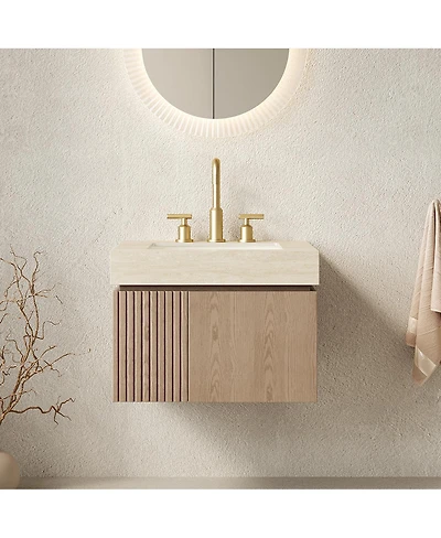Sillysis Wall Mounted Bathroom Vanity, Travertine Pattern Sintered Stone Top, 3-Hole Ceramic Sink, Soft Close Cabinet