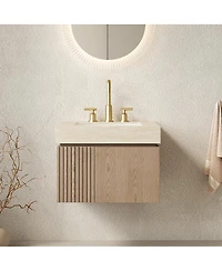 Sillysis Wall Mounted Bathroom Vanity, Travertine Pattern Sintered Stone Top, 3-Hole Ceramic Sink, Soft Close Cabinet