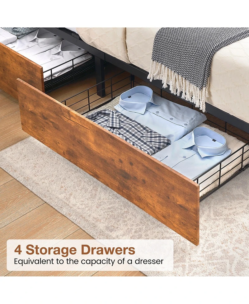 homfan Led Platform Bed Frame with Storage Headboard, Charging Station, 4 Drawers and Side Baskets