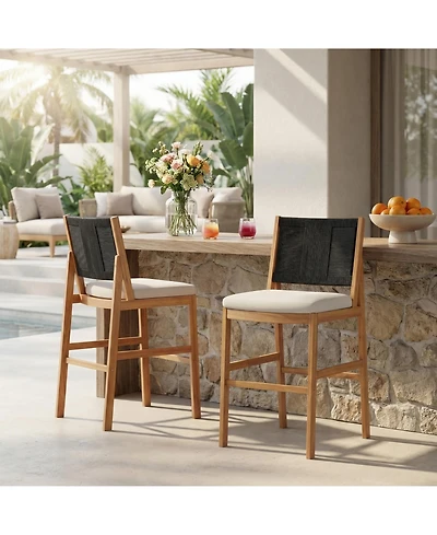 Rainsken Outdoor Bar Stools Set of 2, Acacia Wood Frame Counter Height Chairs with Cushion and Wicker Back for Kitchen Island, Poolside Patio