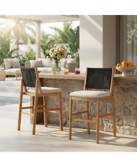 Rainsken Outdoor Bar Stools Set of 2, Acacia Wood Frame Counter Height Chairs with Cushion and Wicker Back for Kitchen Island, Poolside Patio