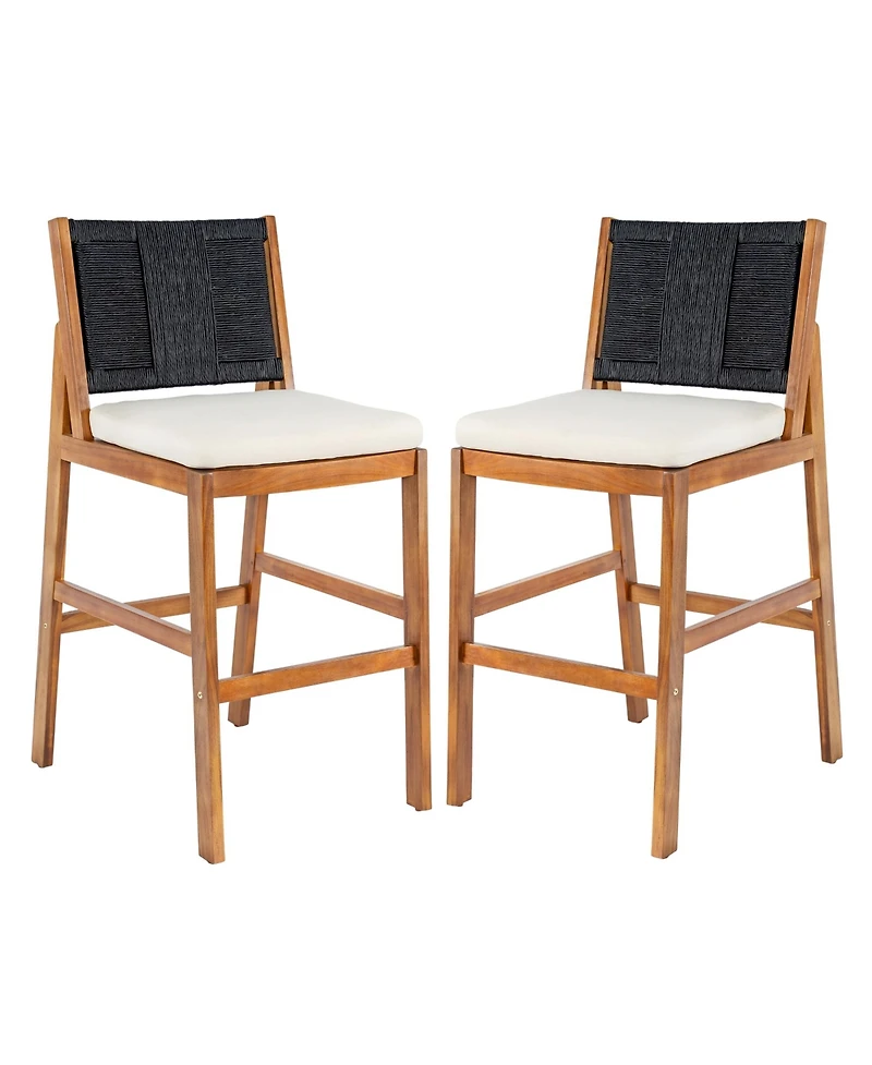 Rainsken Outdoor Bar Stools Set of 2, Acacia Wood Frame Counter Height Chairs with Cushion and Wicker Back for Kitchen Island, Poolside Patio