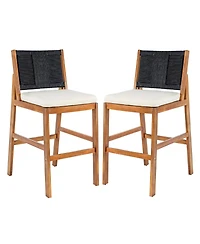 Rainsken Outdoor Bar Stools Set of 2, Acacia Wood Frame Counter Height Chairs with Cushion and Wicker Back for Kitchen Island, Poolside Patio