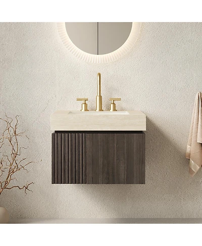Sillysis 24 Inches Bathroom Vanity with Travertine Pattern Sintered Stone Top, Ceramic Undermount Sink, Soft Close Cabinet, Pre-assembled