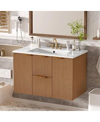 Sillysis 36 Inches Wall Mounted Bathroom Vanity with Ceramic Sink, Soft Close Drawers, Modern Mdf Cabinet for Small Spaces