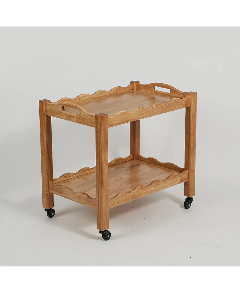 flynama Solid Rubberwood 2-Tier Rolling Side Table with Lockable Wheels