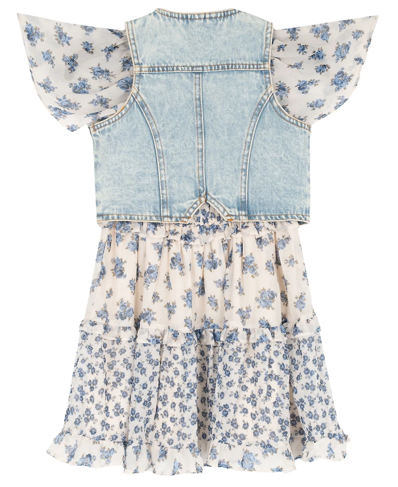 Rare Editions Girls' 2T-6X Denim Vest and Twin Printed Chiffon Dress, 2-Piece Set