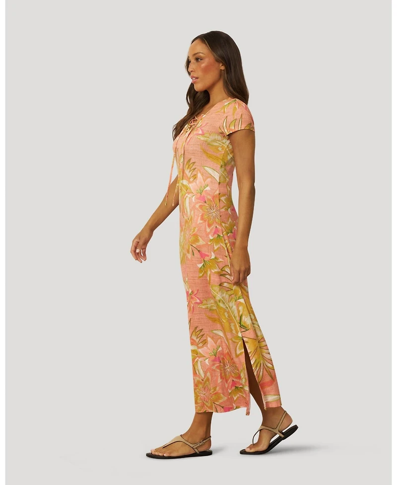 Cable & Gauge Women's Lace Up V Neck Printed Maxi Dress