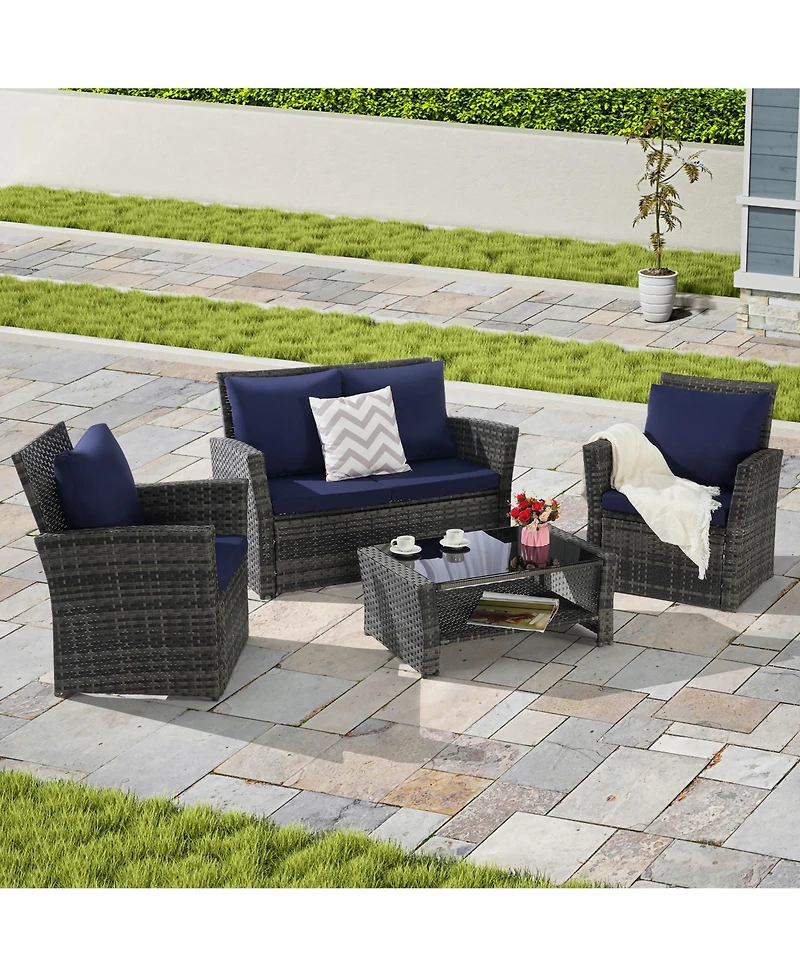 Clihome 4-Piece Outdoor Patio Furniture Set - Rattan Conversation Seating with Tempered Glass Coffee Table, All-Weather Pe Wicker Set