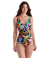 Longitude Women's Tropicana Side Shirred Surplice Long Torso One-Piece Swimsuit