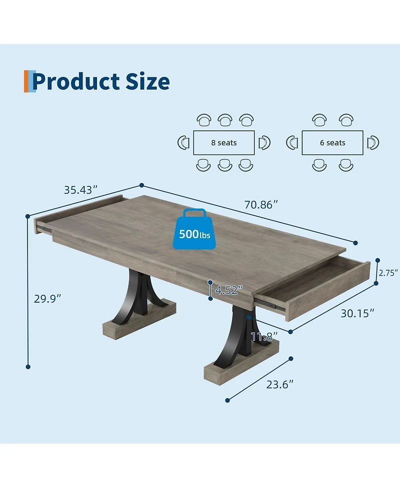 homfan 71 In Rectangular Dining Table with 2 Drawers, Double Pedestal Kitchen Table for 6-8, Wood-Look Finish