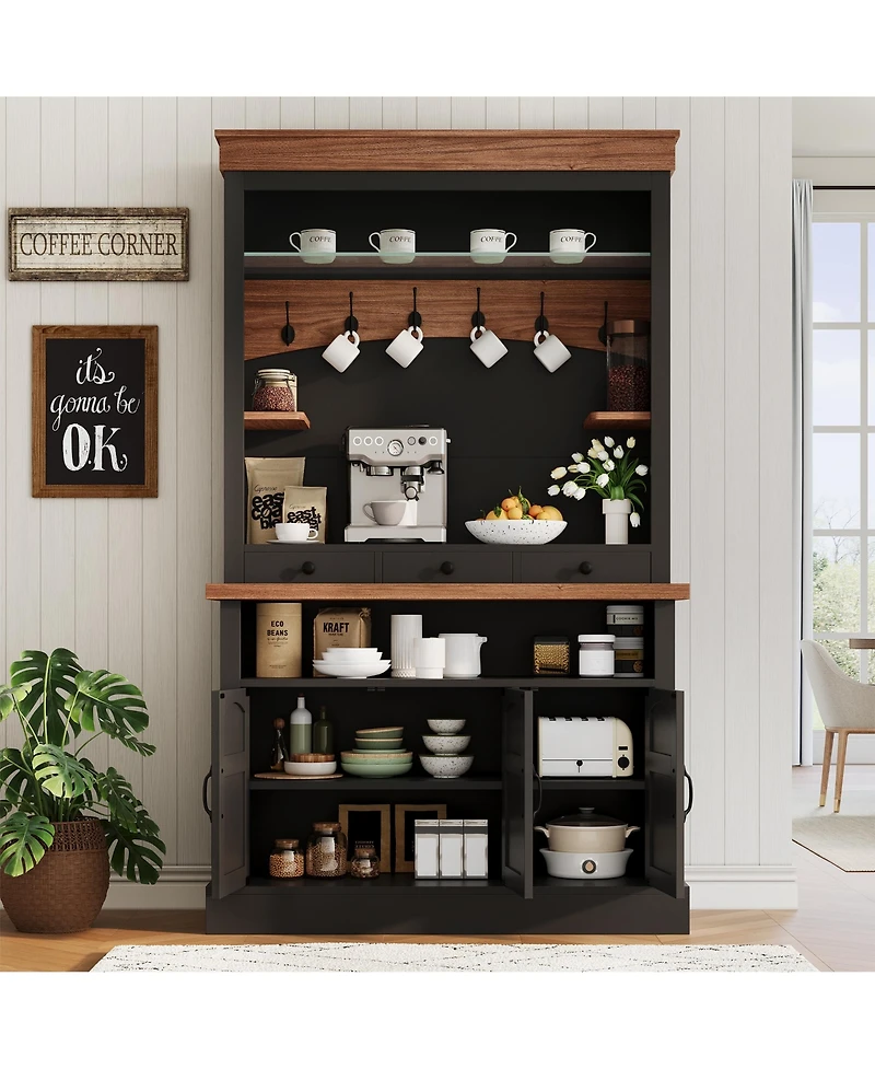 homfan 72 Inch Tall Farmhouse Coffee Bar Cabinet with Led Lights, Adjustable Shelves, Doors and Drawer, Multi-Room Storage Sideboard
