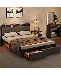 homfan Bed Frame with Storage Headboard, Platform Bed with Large Drawer and Charging Station