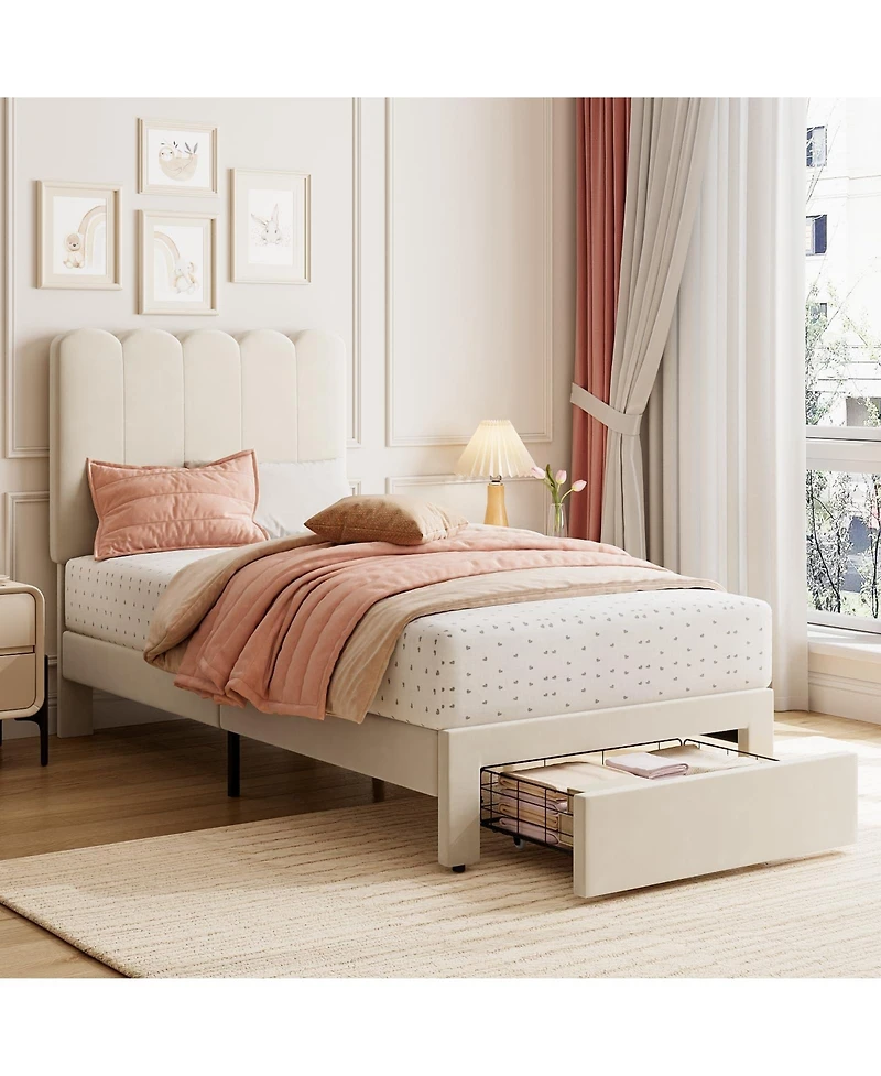 homfan Twin Upholstered Bed Frame with Headboard and Storage Drawer, Velvet Platform Wood Slats, No Box Spring Needed