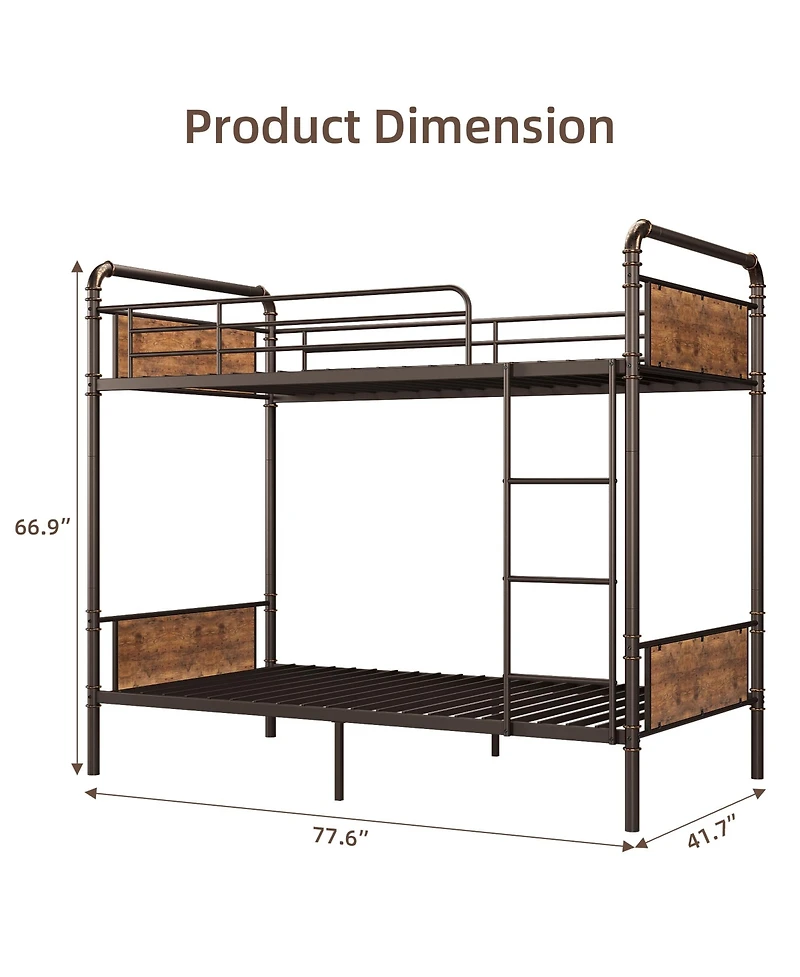 homfan Twin Over Metal Bunk Bed, Converts to 2 Single Beds, Detachable Ladder and Guardrails, Industrial Style with Board Accents