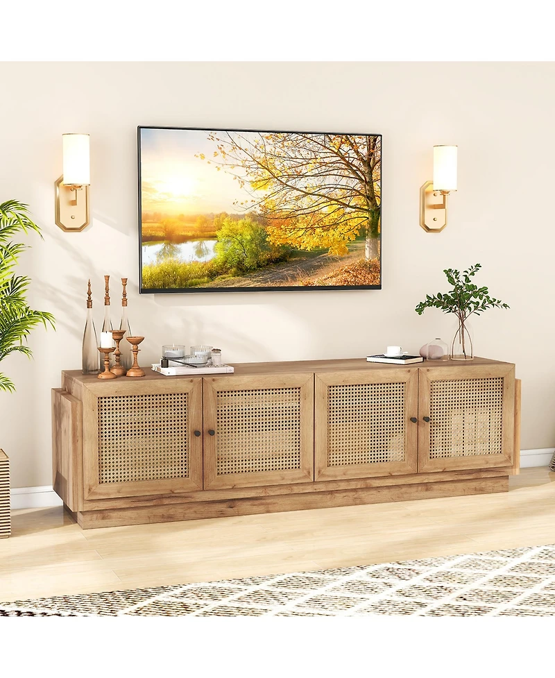Gymax 4-Door Pe Rattan Media Console Table Farmhouse Tv Stand for TVs