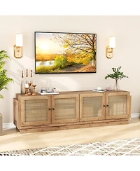 Gymax 4-Door Pe Rattan Media Console Table Farmhouse Tv Stand for TVs