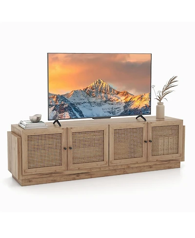 Gymax 4-Door Pe Rattan Media Console Table Farmhouse Tv Stand for TVs