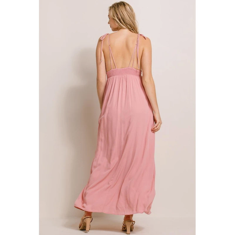 Hello Miz Maternity V-Neck Tie Strap Empire Waist Maxi Dress with Pockets
