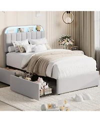 Gaomon Twin Size Bed Frame With 2 Flexible Drawers Upholstered Platform Bed Frame With Bookcase Headboard Led Lights
