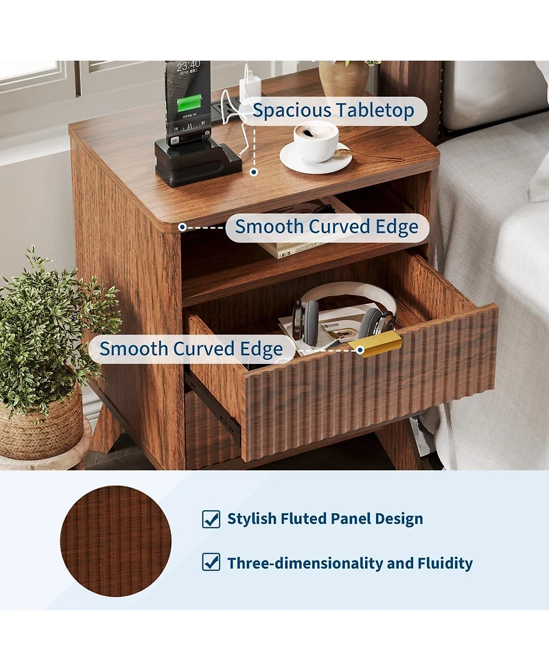 homfan Set of 2 Modern Fluted Bedside Tables, Usb and Ac Power Outlets, Drawers Open Shelf, Sturdy Wooden Legs, Accent Furniture for Bedroom
