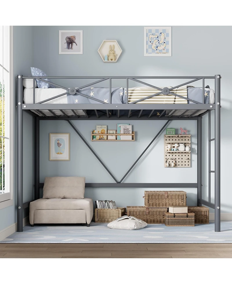 homfan Metal Loft Bed Frame with Ladder and 15.0 Guardrail, Space-Saving Steel Slats, No Box Spring Needed