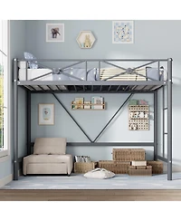 homfan Metal Loft Bed Frame with Ladder and 15.0 Guardrail, Space-Saving Steel Slats, No Box Spring Needed