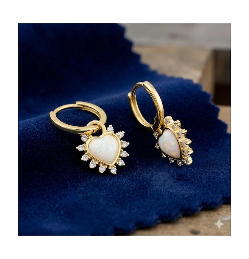 Simona Elegant White Opal Halo Heart Cz Charm Hoops
