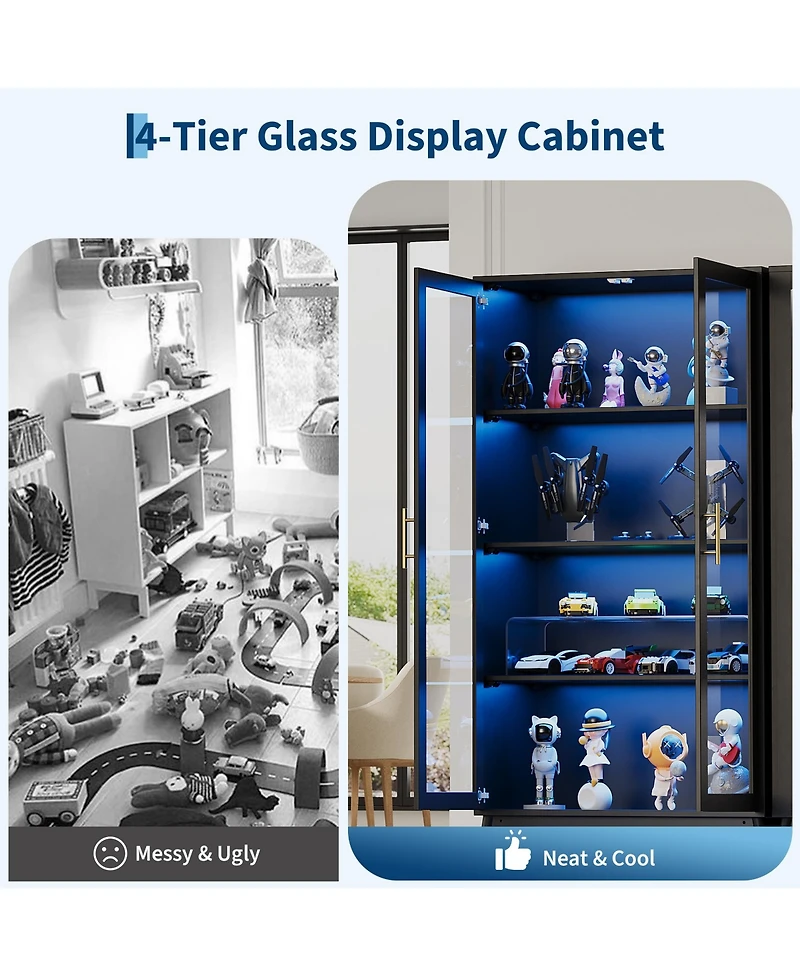 homfan Glass Door Display Cabinet with Motion Sensor Led Lighting, Integrated Usb Power Port and Open Shelving Secure Anti Tip Storage Showcase