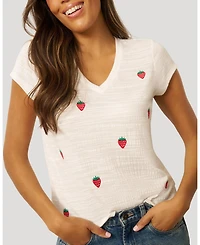 Cable & Gauge Women's Crinkle Vneck Embroidered Tee