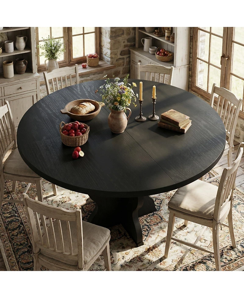 homfan Extendable Round to Oval Dining Table for 4-8, Farmhouse Kitchen Table with Self-Storing Leaf, Mdf Top, Metal Frame