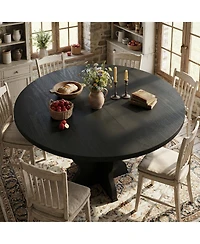 homfan Extendable Round to Oval Dining Table for 4-8, Farmhouse Kitchen Table with Self-Storing Leaf, Mdf Top, Metal Frame
