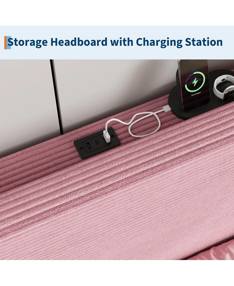 homfan Corduroy Upholstered Platform Bed Frame with Usb Charging Station, Adjustable Storage Headboard