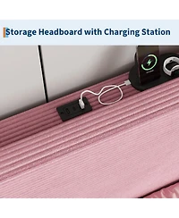 homfan Corduroy Upholstered Platform Bed Frame with Usb Charging Station, Adjustable Storage Headboard