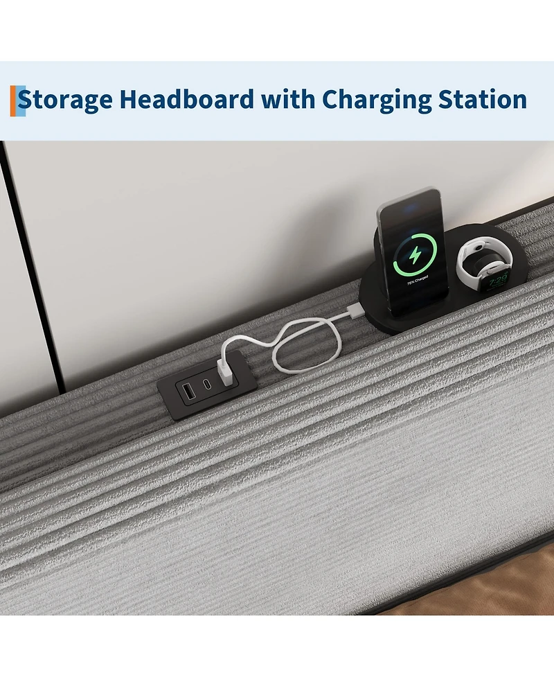 homfan Corduroy Upholstered Platform Bed Frame with Usb Charging Station, Adjustable Storage Headboard