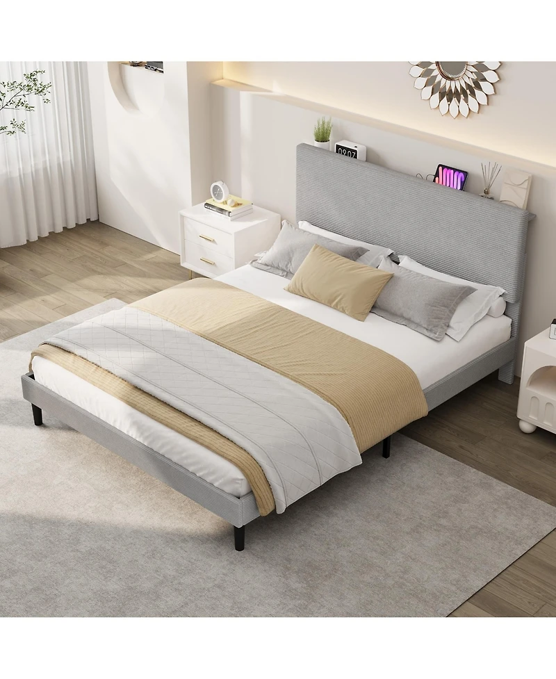homfan Corduroy Upholstered Platform Bed Frame with Usb Charging Station, Adjustable Storage Headboard