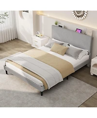 homfan Corduroy Upholstered Platform Bed Frame with Usb Charging Station, Adjustable Storage Headboard