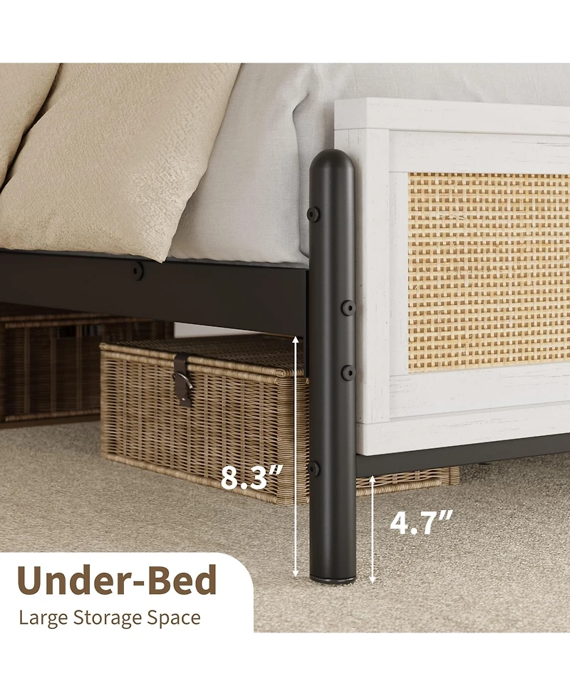 homfan Boho Rattan Platform Bed Frame with Headboard and Footboard, Quiet Support, Underbed Storage
