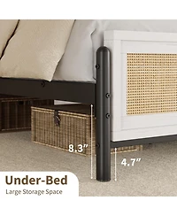 homfan Boho Rattan Platform Bed Frame with Headboard and Footboard, Quiet Support, Underbed Storage