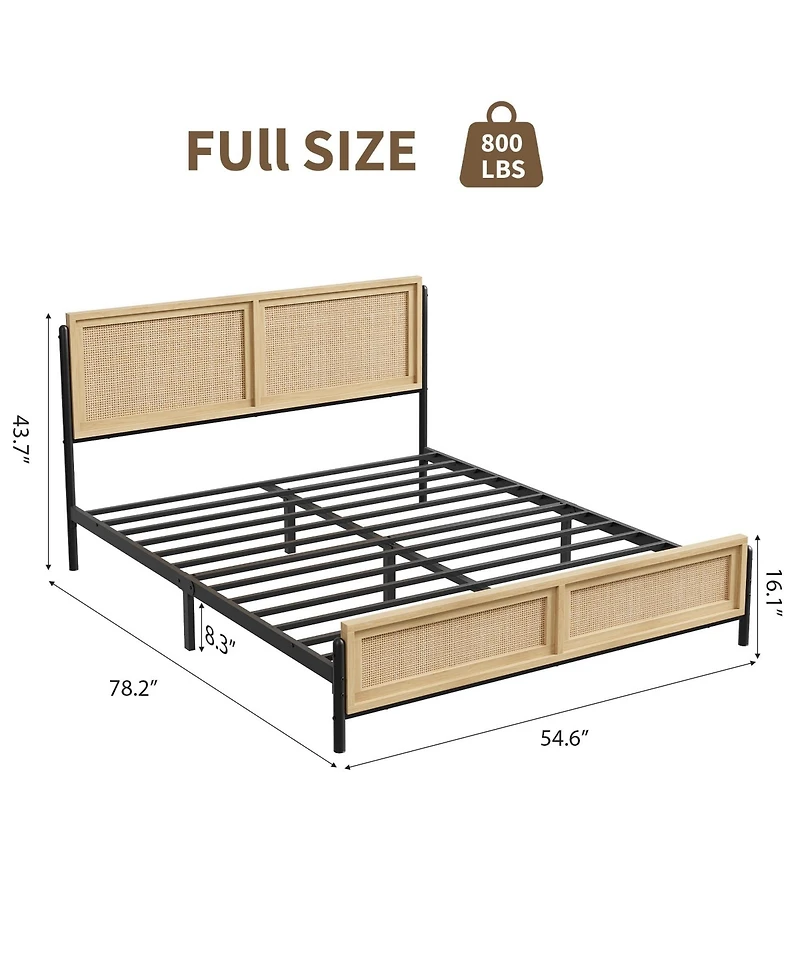 homfan Boho Rattan Platform Bed Frame with Headboard and Footboard, Quiet Support, Underbed Storage