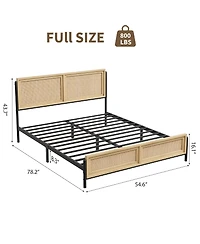 homfan Boho Rattan Platform Bed Frame with Headboard and Footboard, Quiet Support, Underbed Storage