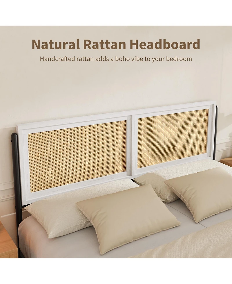 homfan Boho Rattan Platform Bed Frame with Headboard and Footboard, Quiet Support, Underbed Storage