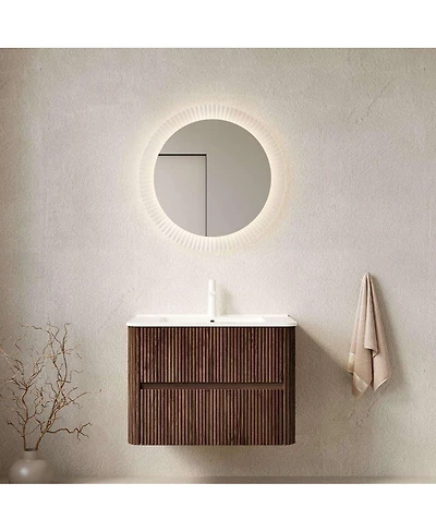Thirtypeachy 30" Retro Walnut Modern Floating Bathroom Vanity, Ceramic Sink with 2 Drawers, Pre-assembled Plywood Cabinet