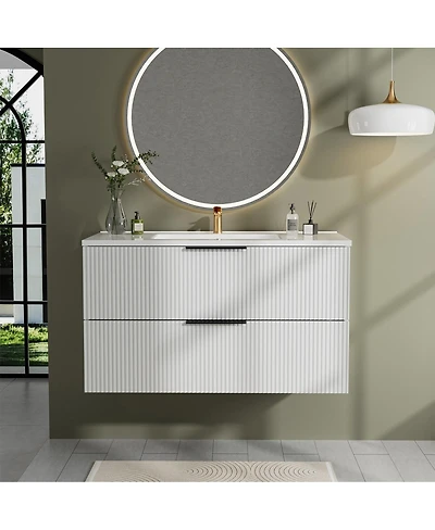 Thirtypeachy 36" Modern Floating Vanity With Ceramic Sink, Fluted Wall-Mount Cabinet, 2 Drawers U-Shaped Cutout