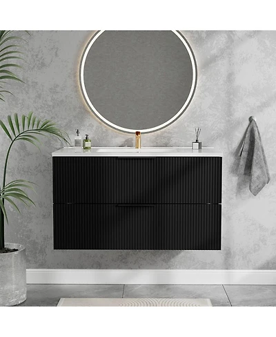 Thirtypeachy 36" Modern Floating Vanity With Ceramic Sink, Fluted Wall-Mount Cabinet, 2 Drawers U-Shaped Cutout